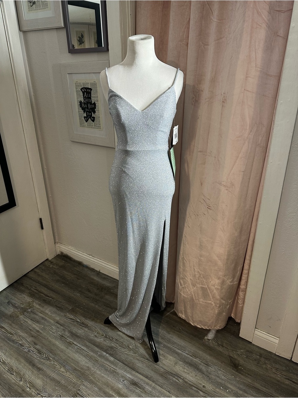 City Triangles Silver Sparkle Spaghetti-Strap Evening Gown